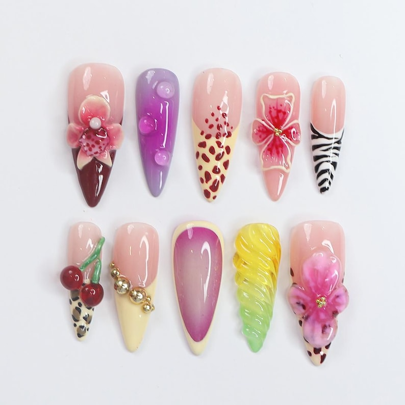 Handmade Tropical Nails | Leopard Print & Floral Accents | 3D Cherry & Flower Details | Long Almond Shape | Ideal for Summer| SK 755