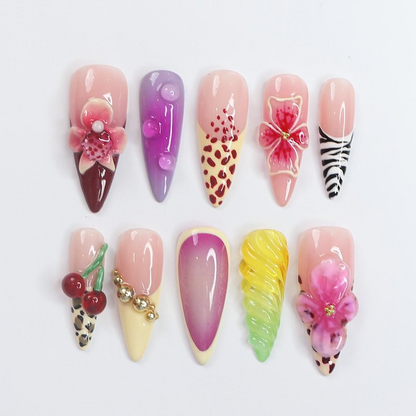 Handmade Tropical Nails | Leopard Print & Floral Accents | 3D Cherry & Flower Details | Long Almond Shape | Ideal for Summer| SK 755