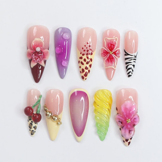 Handmade Tropical Nails | Leopard Print & Floral Accents | 3D Cherry & Flower Details | Long Almond Shape | Ideal for Summer| SK 755