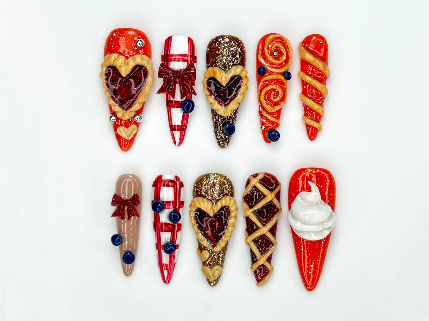 Sweet Berry Pastry Press On Nails | 3D Heart Tart Cute Nails | Red Pastry Press Ons | Holiday Bakery Nails | JC257EC