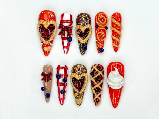 Sweet Berry Pastry Press On Nails | 3D Heart Tart Cute Nails | Red Pastry Press Ons | Holiday Bakery Nails | JC257EC