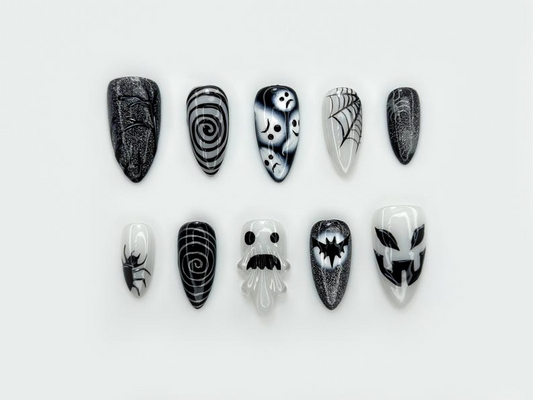 Midnight Web Halloween Press On Nails | Black White Gothic Halloween Nails | 3D Ghost & Spider Design | Spooky Night Nail Art | JB197EC