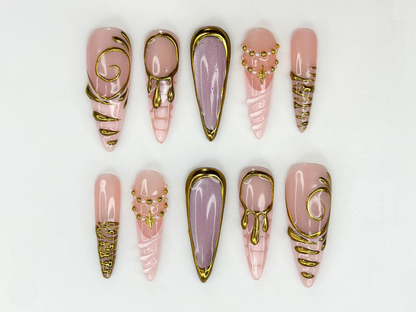 Nude Pink Gold Press On Nails | Luxury Molten Metal Nail Art | Elegant Long Stiletto Press Ons | Baroque Couture Nail Design | HC1246HC