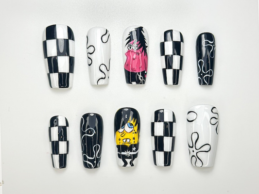 Punk Pop Cartoon Press On Nails | Black & White Checkerboard Nail Art | Handmade Funky Press Ons | Retro Pop Culture Nail Set | JB128HK