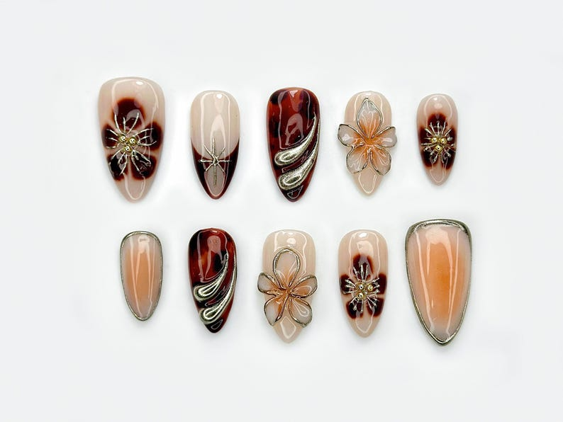 Autumn Tortoiseshell Blossom Press On Nails | Brown Nude Gradient Nail Art | 3D Floral & Metallic Accents | Elegant Long Nail Set | JB178EC