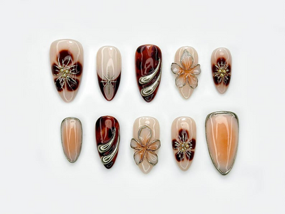 Autumn Tortoiseshell Blossom Press On Nails | Brown Nude Gradient Nail Art | 3D Floral & Metallic Accents | Elegant Long Nail Set | JB178EC