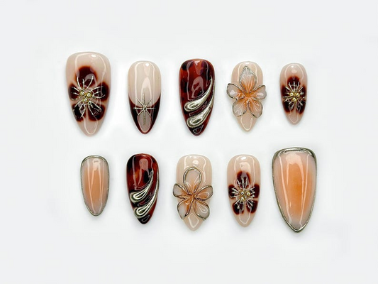 Autumn Tortoiseshell Blossom Press On Nails | Brown Nude Gradient Nail Art | 3D Floral & Metallic Accents | Elegant Long Nail Set | JB178EC