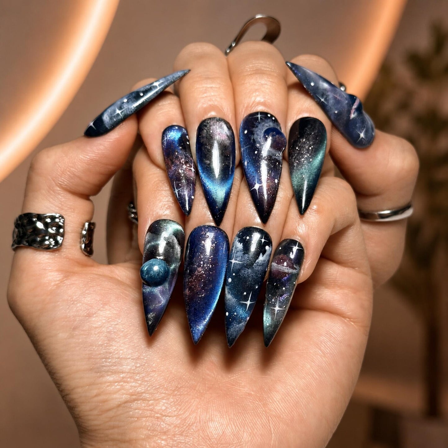 Galaxy Space Press On Nails Long Stiletto • 3D Planet Art • Nebula Milky Way Handpainted Stars • Festival Rave Party • OB1362DG