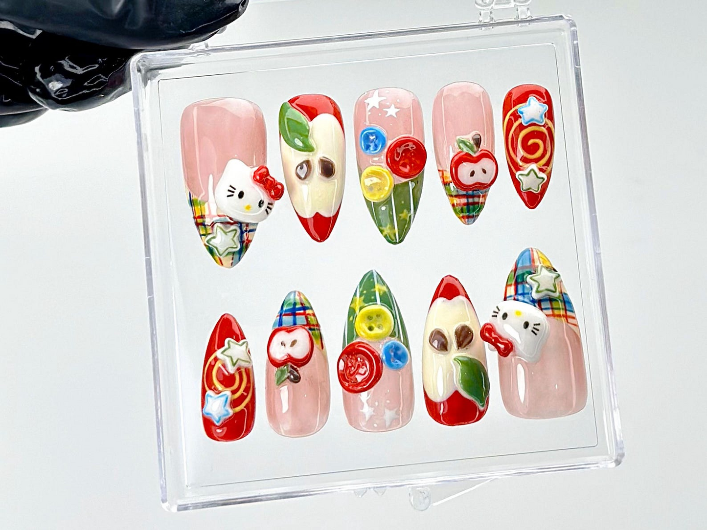 Hello Kitty Apple Press On Nails | Kawaii Cartoon Fake Nails | Fun 3D Fruit Nail Art | Playful Japanese Nails | Kawaii Nails | HB904YK