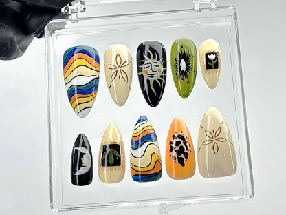 Boho Sun Moon Press On Nails | Groovy Earthy Fake Nails | Artistic Sun and Moon Nail Art | Custom Groovy Press Ons | Unique Nails | HB884YK