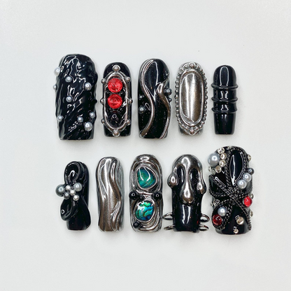 Gothic Black Press On Nails | Dark Silver Nail Art with Red Stones | Handmade Luxury Nails | Statement Gift for Her | OB1255GC