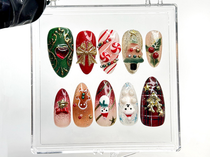 Cute Christmas Press On Nails | 3D Holiday Nails | Festive Candy Cane & Gingerbread Set | Christmas Winter Press Ons | Holiday Nail| HB1215H