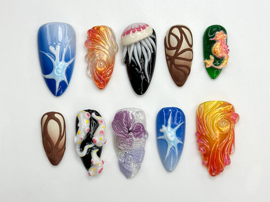 Deep Sea Press On Nails | Handmade Sea Life & Galaxy-Inspired Nail Art | 3D Jellyfish, Neurons, Ocean Fantasy Set | Handmade Nails | JB789HC
