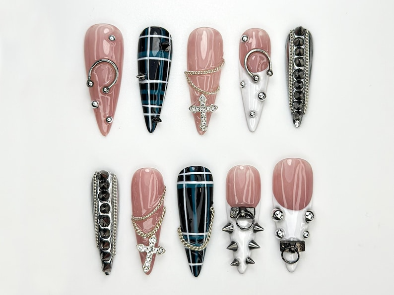 Punk Cross Chain Press On Nails | Gothic Plaid Nail Art | Spiked Pierced Punk Nails | Black White Silver Press Ons | Edgy Nail Set | JC864HK