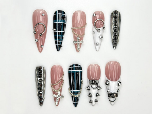 Punk Cross Chain Press On Nails | Gothic Plaid Nail Art | Spiked Pierced Punk Nails | Black White Silver Press Ons | Edgy Nail Set | JC864HK