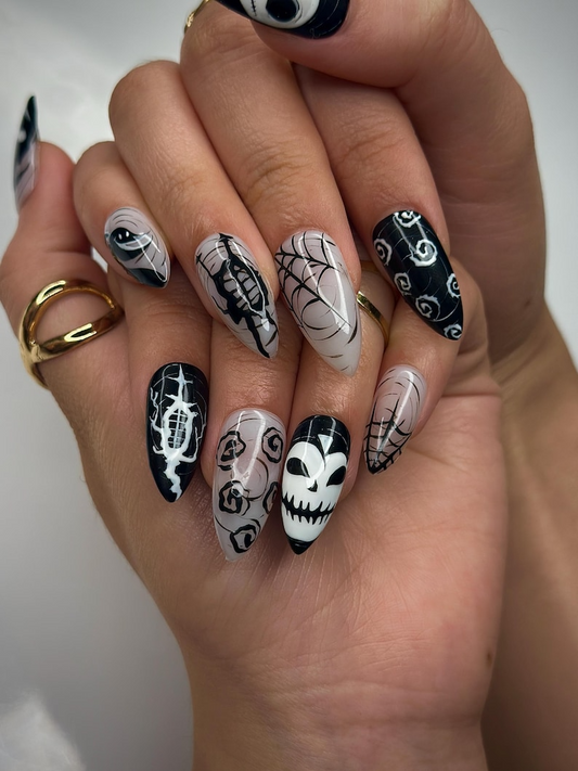 Gothic Skull Halloween Press On Nails | Black & White Creepy Nail Art | Halloween Horror Inspired | Unique Gothic Nail Set| JB150HC