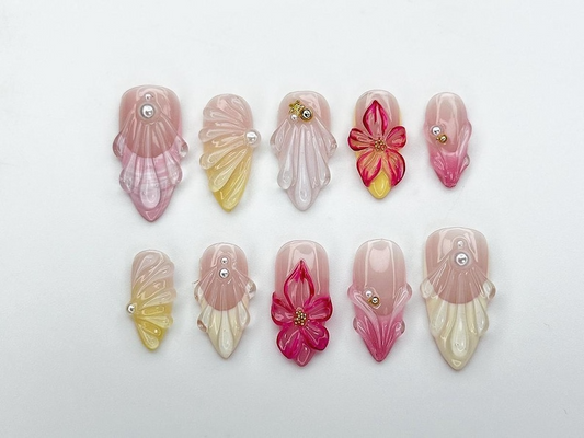 Jelly Flower Press On Nails | 3D Floral Nails with Pearls and Petal Wings | Romantic Pink Gel Nail Set | Summer Nails | Holiday Nail|JB940DC