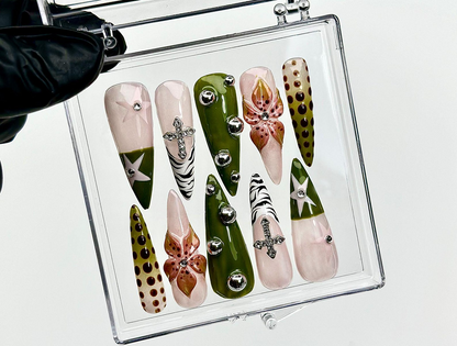 Safari Chic Press On Nails | Olive Green and Cross Nail Set | Pink Flower and Jungle Vibe | Animal Print & Chrome Accent | HC965EK