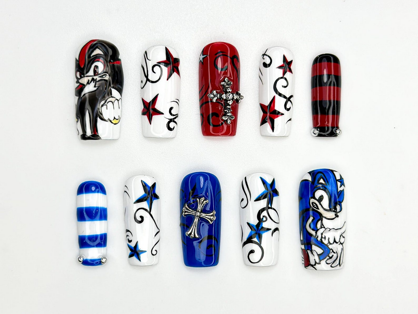 Sonic vs Shadow Press On Nails | Red & Blue Star Nails | Edgy Cartoon Gaming Nail Art | Character Nails | Sonic Inspired Press Ons | JB812HC