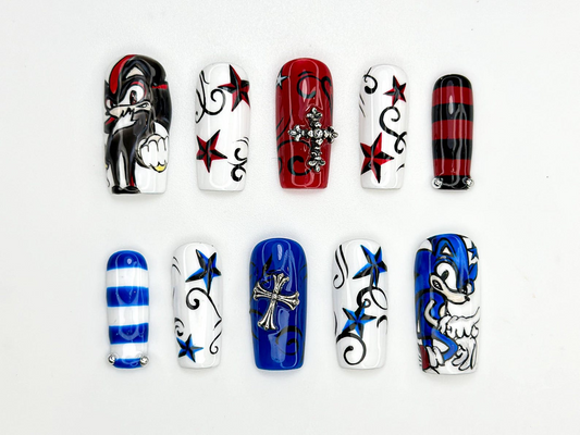 Sonic vs Shadow Press On Nails | Red & Blue Star Nails | Edgy Cartoon Gaming Nail Art | Character Nails | Sonic Inspired Press Ons | JB812HC