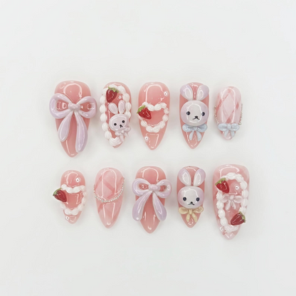 Soft Pink Bunny Press On Nails | Kawaii Nail Art with Bows | Handmade Pastel Nails | Sweet Gift for Her | HB1112GC