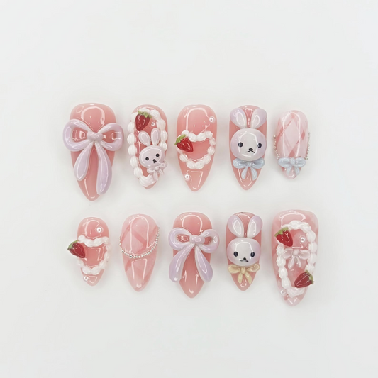 Soft Pink Bunny Press On Nails | Kawaii Nail Art with Bows | Handmade Pastel Nails | Sweet Gift for Her | HB1112GC