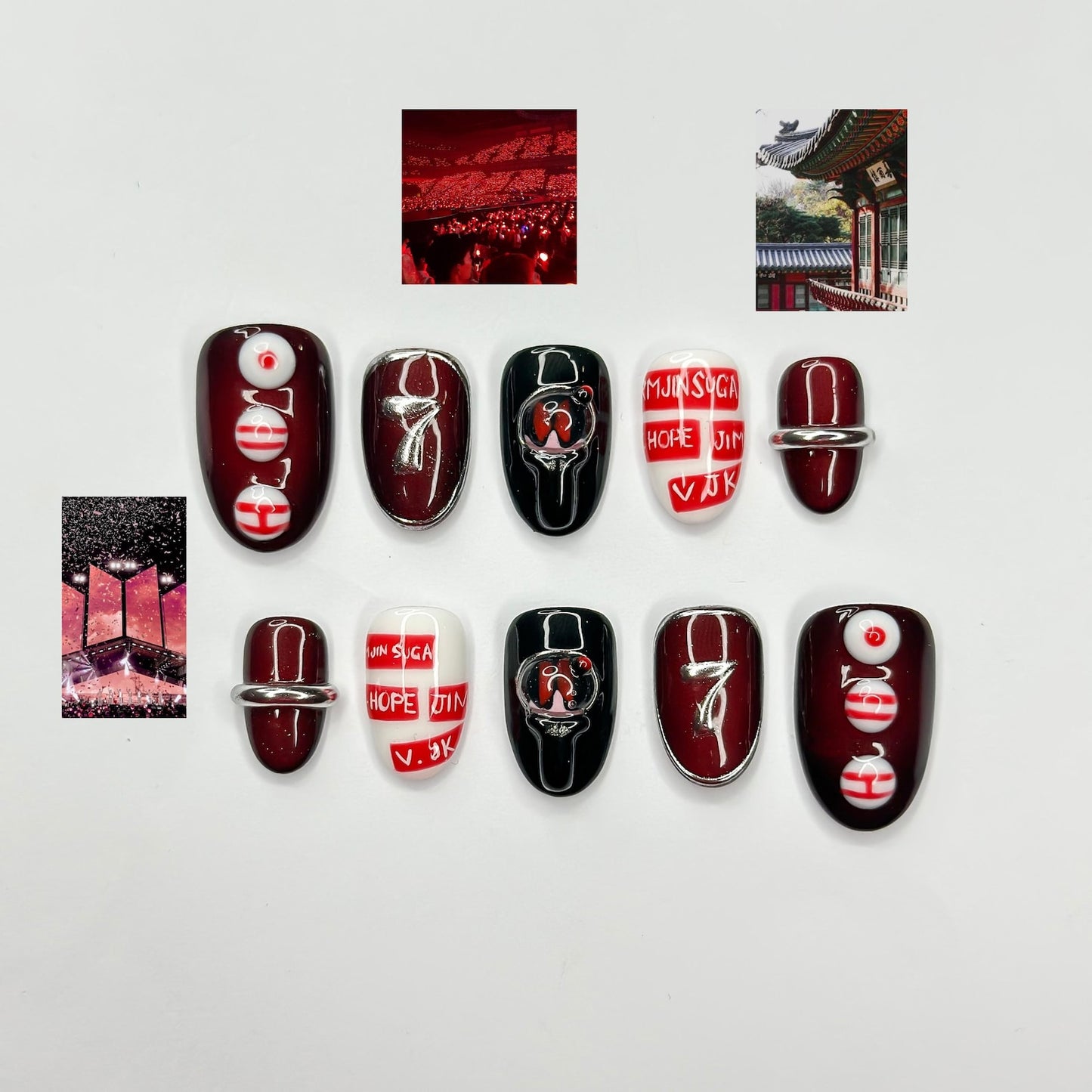 Kpop Inspired Arirang Spirit Nails | 7 Spirit Cupid Voyage Press Ons | Red White Silver 3D Chrome Nails | Fandom Concert Nails | JB359IC