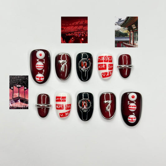 Kpop Inspired Arirang Spirit Nails | 7 Spirit Cupid Voyage Press Ons | Red White Silver 3D Chrome Nails | Fandom Concert Nails | JB359IC