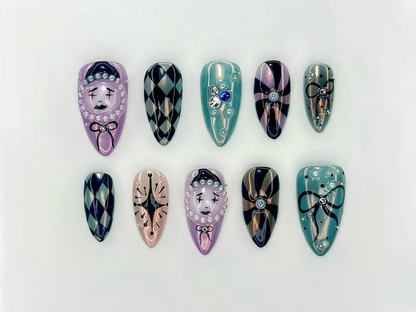 Harlequin Masquerade Halloween Press On Nails | Diamond Pattern & 3D Face Nail Art | Gothic Circus-Inspired Nails | HC1089EK