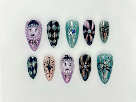Harlequin Masquerade Halloween Press On Nails | Diamond Pattern & 3D Face Nail Art | Gothic Circus-Inspired Nails | HC1089EK