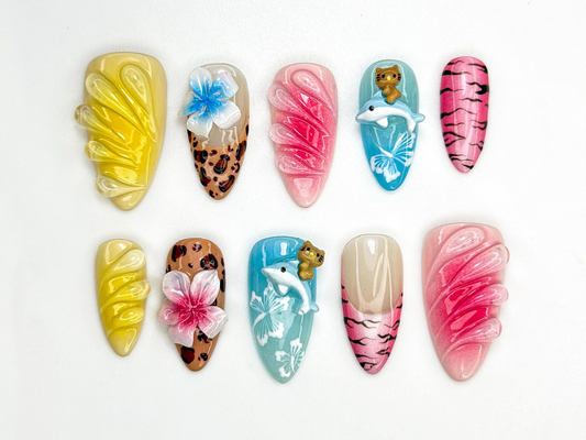 Hello Kitty Safari Press On Nails | Tropical Dolphin, Leopard Print Nails | 3D Kitty & Floral Summer Nails | Y2K Cute Vacation Nail | JB813H