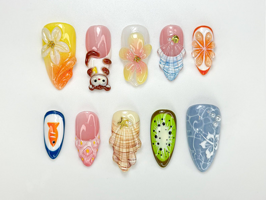Summer Picnic Mokey Press On Nails | 3D Fruit & Flower Art |Fun Mismatched Vacation Nail Set | Playful Beach Picnic Nail| Cute Nails|JC976HC