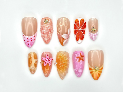 Tropical Summer Splash Press On Nails | Cute Starfish & Shell Design | Bright Sunset and Beach Theme Nails | 3D Ocean Nail Art | JB979EK