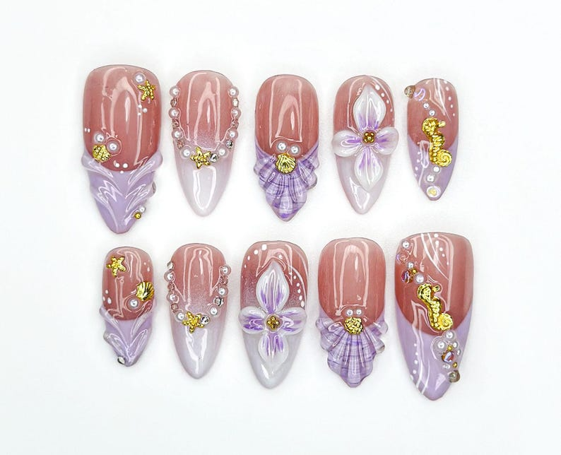 Lavender Ocean Bloom Press On Nails | 3D Seashell & Seahorse Nail Art | Purple Floral Mermaidcore Tips | Long Glossy Set | JC954EK