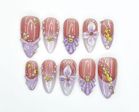 Lavender Ocean Bloom Press On Nails | 3D Seashell & Seahorse Nail Art | Purple Floral Mermaidcore Tips | Long Glossy Set | JC954EK