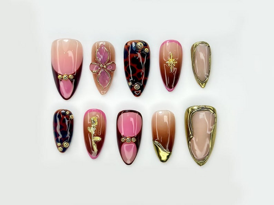 Golden Rose Luxe Press On Nails | Pink & Brown Glam Nail Art | 3D Bow And Rose Accents | Handmade Luxury Stiletto Nails | JB185EK