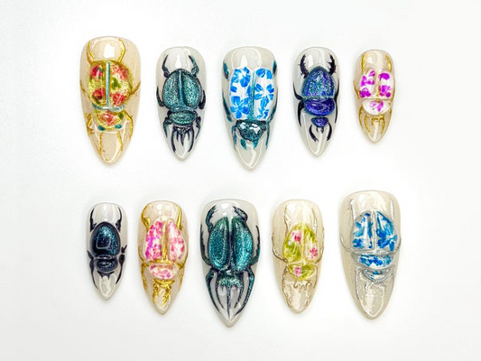 3D Beetle Press On Nails | Insect Art Nail Design | Vintage Bug Aesthetic Nails | Handmade Ceramic-Inspired Nail Set | Scarab Nails |JB875HC