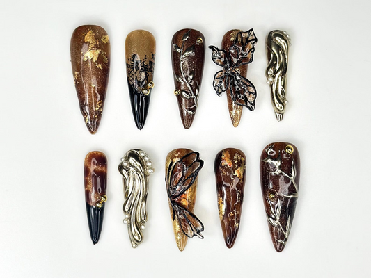 Autumn Butterfly Press On Nails | Luxury Handmade Brown Nails | Nature Inspired Stiletto Press Ons | Elegant Butterfly Design | JB168HC