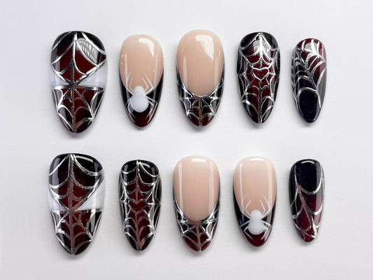 Halloween Spiderman Press On Nails | Acubi-Style Nails | Spider, Spiderweb Nail Set | 3D Silver Gel Nail Art | Almond Nails | JC282A
