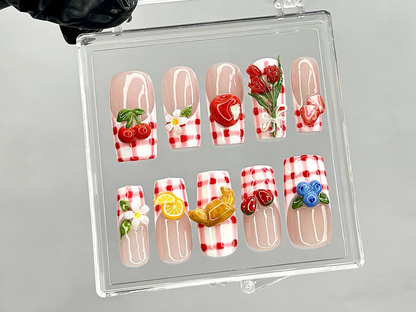 Gingham Picnic Press On Nails | 3D Fruit & Floral Nail Art | Cherry Strawberry Lemon Press Ons | Cottagecore Picnic Fake nails | HB944YK