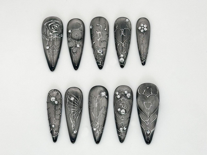 Elegant Silver Gothic Press-On Nails | Intricate Butterfly and Rose Silver Nails | Luxury Silver Gothic | Butterfly & Rose Design | JC630LC