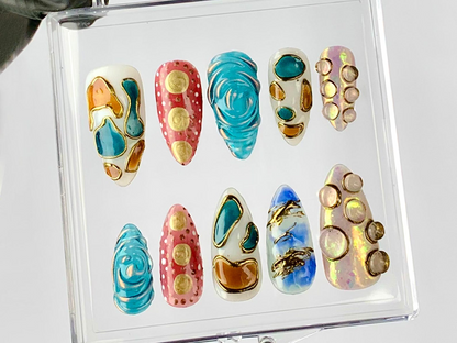 Modern Art Press On Nails by HudiNails | 3D Marble & Resin Nail Art | Elegant Gold Fake Nails | Handmade Artistic Kawaii Nails | HC795YC