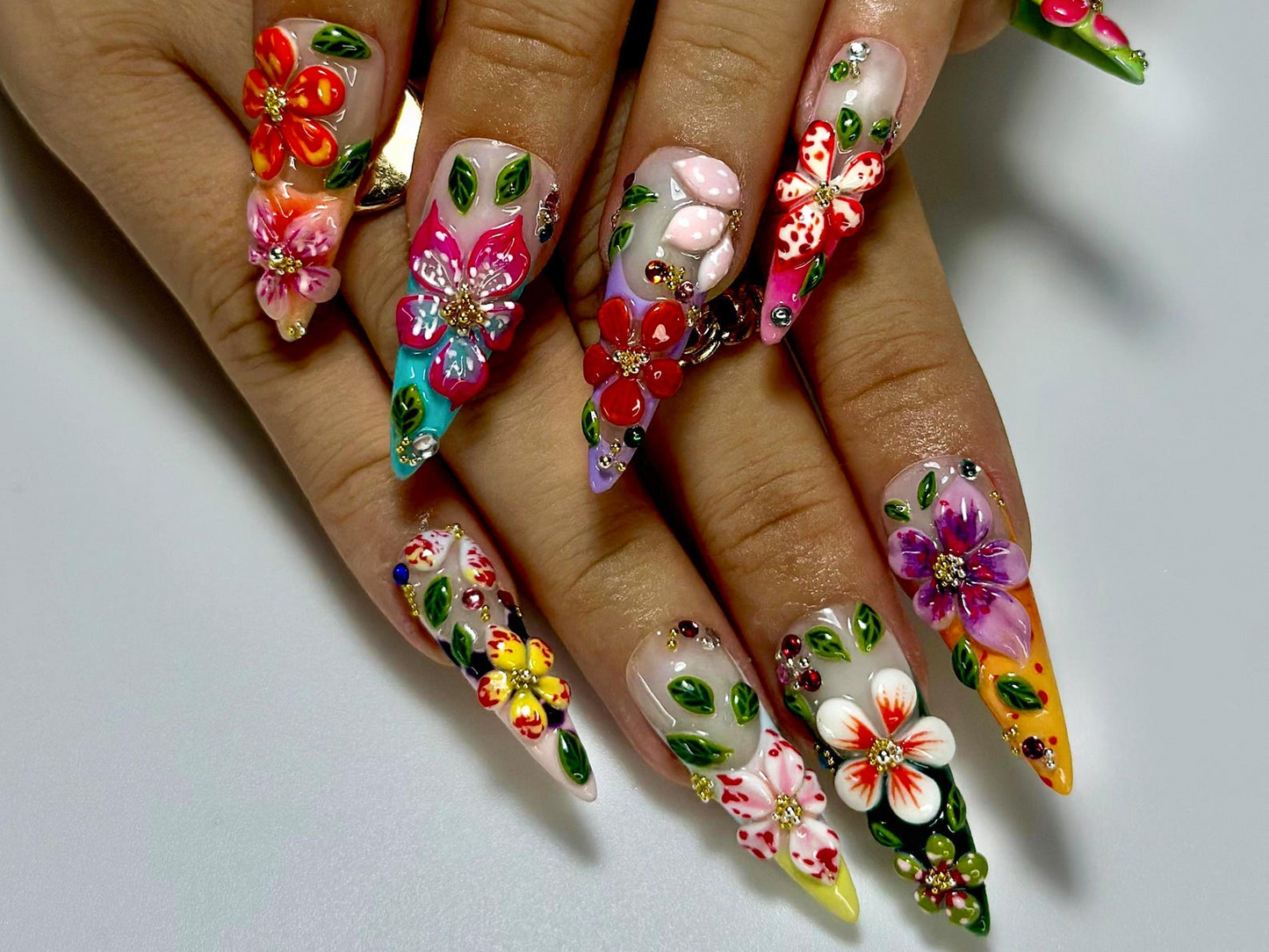 Tropical Garden Explosion Press On Nails | 3D Colorful Floral Nail Art | Rainbow Gradient Tips with Leaves & Gems | JB989EC