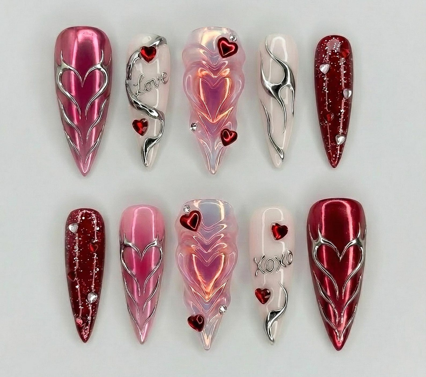 Combo Chrome Heart Desire Press On Nails 3D Pink Chrome Heart Nail Art Handmade Valentine Nail Set DB18L