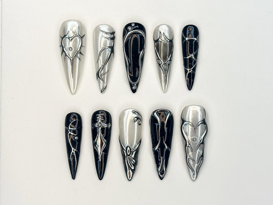 Black Silver Chrome Press On Nails | Gothic Metallic Nail Art | Winter Armor Nails | Holiday Party Nails | Handmade Gift Set | JC1193BK