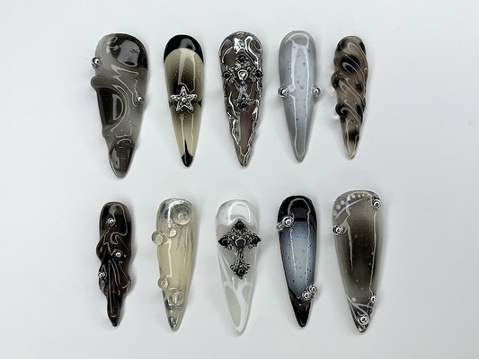 Cool Gothic Press On Nails | Luxury Black Silver Jeweled Nail charms | Luxurious Chrome and Holiday Nail Art |Long Stiletto Nail Set|JC451AH
