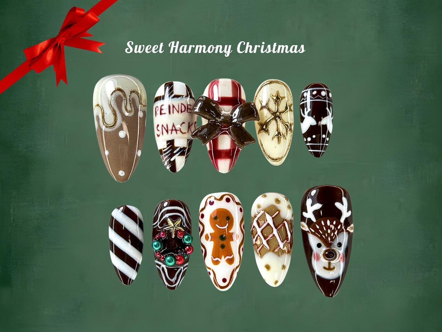 Sweet Harmony Christmas Press On Nails | 3D Bow & Reindeer Design | Gingerbread Cookie Nail Art | Holiday Nail Set | HB1000YG