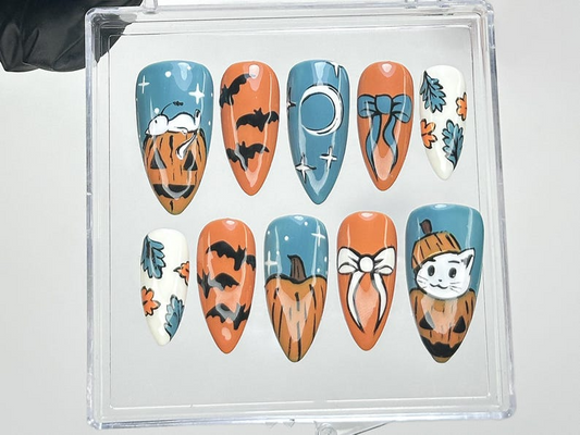 Halloween Cat Press On Nails | Fall Blue Orange Nail Art | Pumpkin & Bat Fake Nails | Pumpkin Cat Nail Design | Spooky Nails | HB572YC