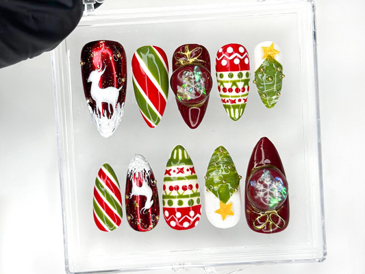 Christmas Reindeer Red Press On Nails | Red Green Christmas Nail Art | Snow & Tree Design| Holiday Glitter Nails| Winter Press Ons| HB1200HC