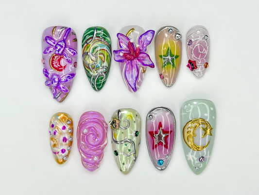 Spring Fairy Garden Press On Nails | Colorful 3D Floral Nail Art | Fantasy Galaxy Press Ons | Handmade Statement Nails | JB266EC